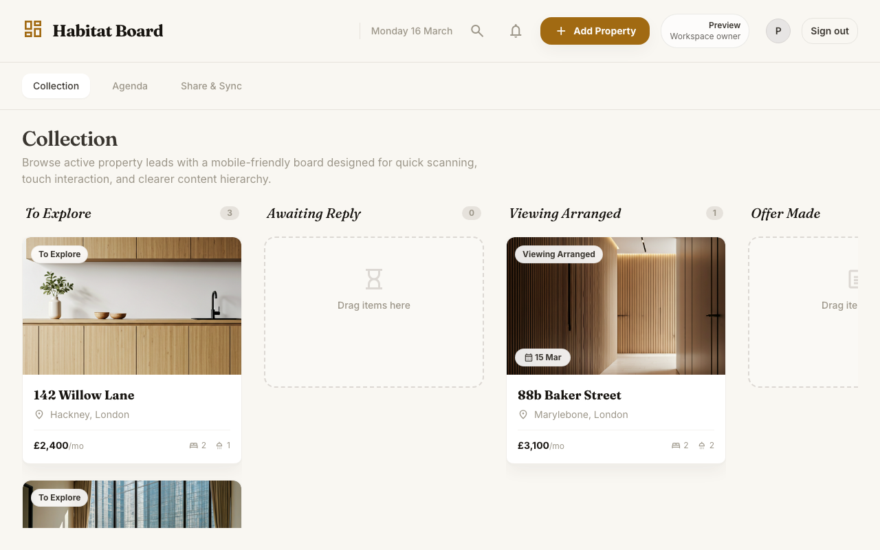 Habitat Board property search organizer interface showing shared property cards, notes, and viewing stages